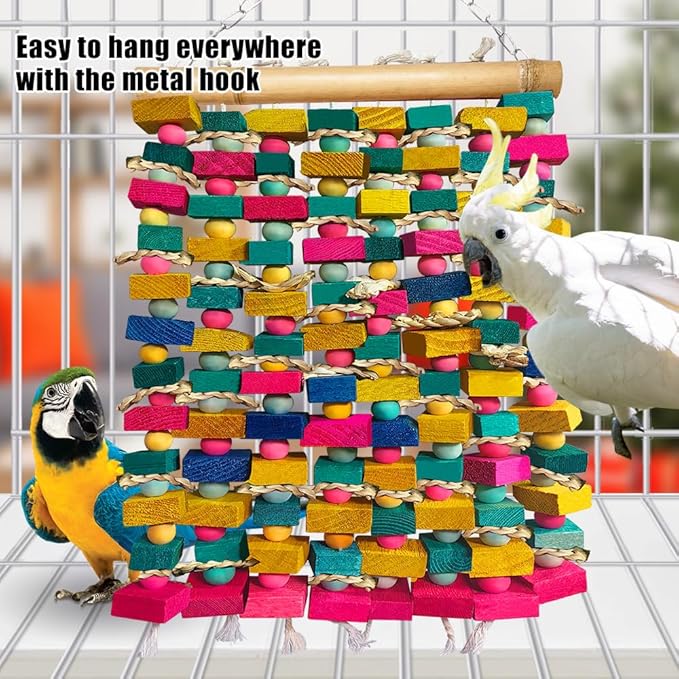 Extra Large Bird Toys for Macaws, Multicolored Wooden Blocks Bird Chewing Toy Parrot Cage Bite Toy for Macaws Cokatoos African Grey and Large Medium Parrot Birds