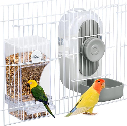 Lemtrflo No Mess Bird Feeder & Water Dispenser Set - Automatic Feeding & Hydration, Parakeet Cage Accessories for Parrots, Cockatiels, Finches, Lovebirds & Budgies