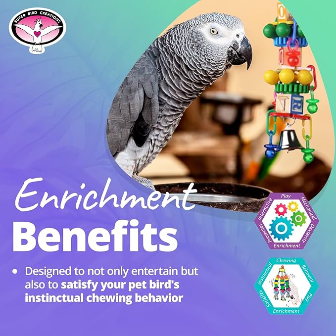 Super Bird Creations SB676 Spin Tower Bird Toy - Enrichment & Boredom Relief Toys for Amazons, African Greys, Parrots, Small Cockatoos, Mini Macaws - Textured Toy - Large Bird Size, 13" x 3" x 3"