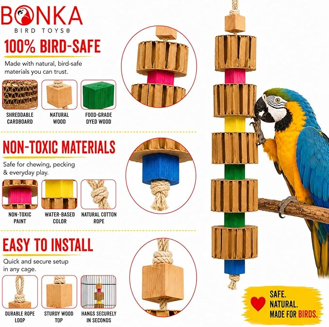 Bonka Bird Toys 3750 Big Quad Blocks N Cube 12" Wood and Metal Hanging Chew Toy for Medium to Large Birds Parrot Cage Enrichment