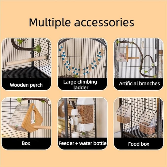 39.4-Inch Large Metal Bird Cage, Luxury Birdcage with Double Doors & Accessories, Freestanding Parrot Cage for Lovebirds, Cockatiels, Grey Parrots(Black)