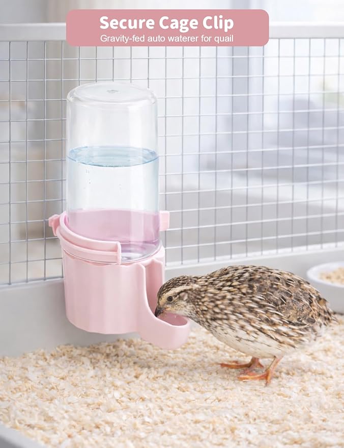 Quail Chick Waterer with Anti-Drowning Shallow Tray, 16.6 fl oz Automatic Gravity Button Quail Waterer, Hanging or Free-Standing Bird Water Dispenser for Wire Mesh Cages and Brooders (Pink)