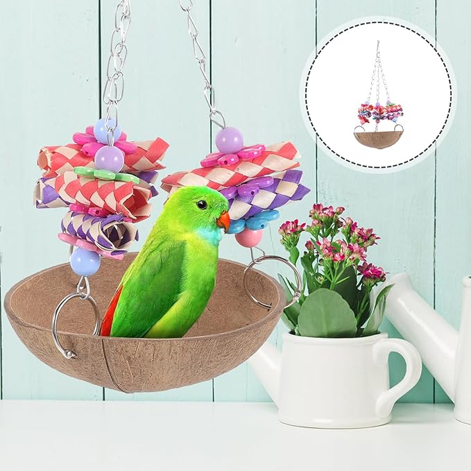 Bird Hammock Coconut Shell Hamster Nest Parrot Cage with Chain Charm and Fake Flower for Pet Hanging Bed (5x11”)