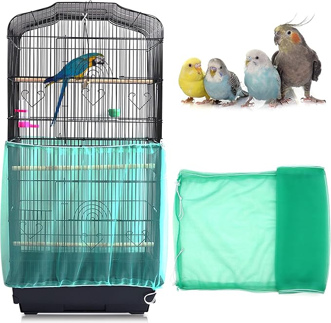 Daoeny Universal Bird Cage Cover, Adjustable Seed Feather Catcher, Soft Airy Nylon Mesh Parrot Net, Birdcage Cover Skirt Sheer Guard for Round Square Cages (Green)