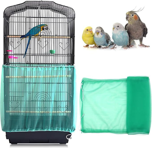 Daoeny Universal Bird Cage Cover, Adjustable Seed Feather Catcher, Soft Airy Nylon Mesh Parrot Net, Birdcage Cover Skirt Sheer Guard for Round Square Cages (Green)