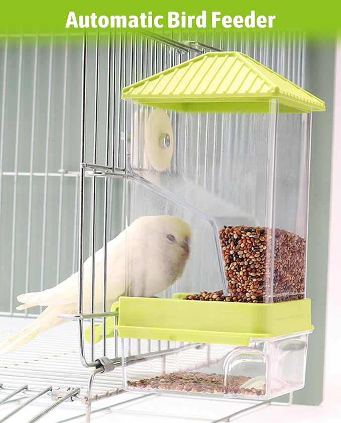 Hamiledyi 2 Pcs Automatic Bird Feeder No Mess Bird Cage Feeder Seed Food Container with Perch Transparent Parrot Cage Accessories for Parakeets, Budgies, Cockatoos, Finches, Lovebirds (Green)