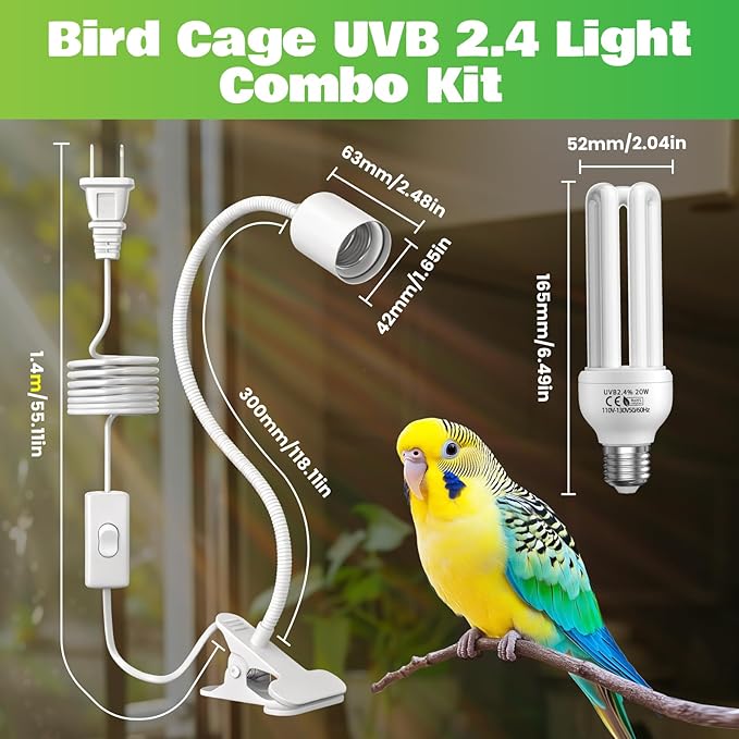 GlowUp UVB 2.4 Bird Cage Lighting Combo Kit, Bird Light for Captive Birds, 360° Rotatable Clip Lamp with 20W UVB 2.4 Compact Fluorescent Light Bulb