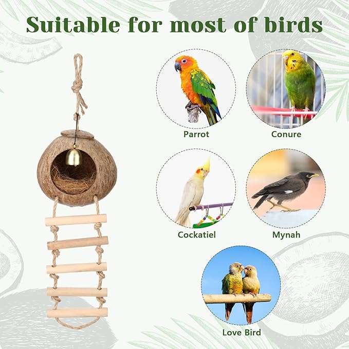 Briwooody Coconut Shell Bird Nest House Breeding Bed Nestingand Anti-Pecking Bite with Natural Coir Fiber Bird Nest Toy Bell for Parrot Budgie Parakeet Cockatiel Conure Lovebird Canary Finch(Classic)