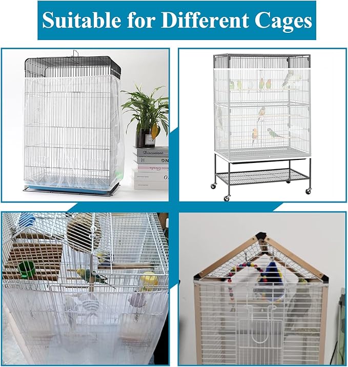 ASOCEA Large Bird Cage Seed Cather,Bird Cage Cover Adjustable Soft Airy Skirt Guard Birdcage Nylon Mesh Net for Parrot Parakeet Macaw African Round Square Cages Cover (118 * 31.5in/300 * 80cm) (White)