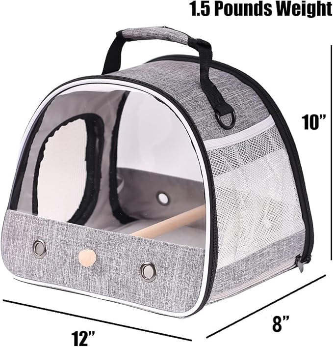 Small Bird Travel Carrier, Portable Bird Travel Cage for Parakeet, Parrot, Budgie, Guinea Pig, Bearded Dragon Reptile Carrier for Hiking Vet Visit Bicycle Ride (Grey)
