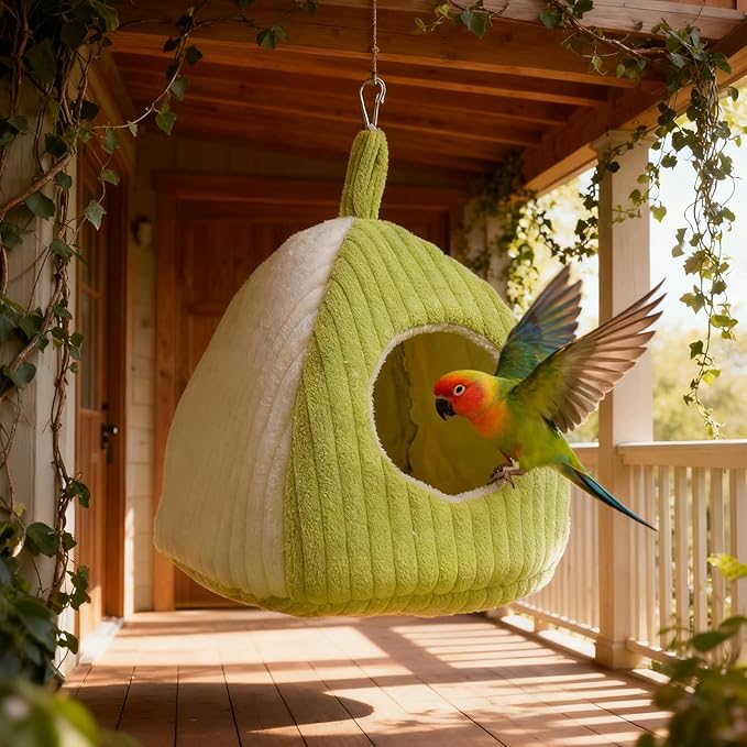 Bird Hanging Hammock Nest Parrot with Soft Plush Hanging Hammock & Hut Tent for Cage Winter Bird Hideaway Hut for Cockatiels Budgies Parakeets Lovebirds Conures Hamsters (Green and White L)