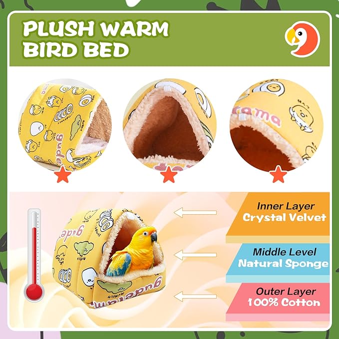 SUSOO Plush Warm Bird Bed - Hanging Bird Nest Snuggle Velvet Shed Tent Cage Fluffy Hut Winter Sleeping Hideaway Hammock House for Parrot Parakeet Conure Cockatiel Budgies Lovebird (Yellow, L)