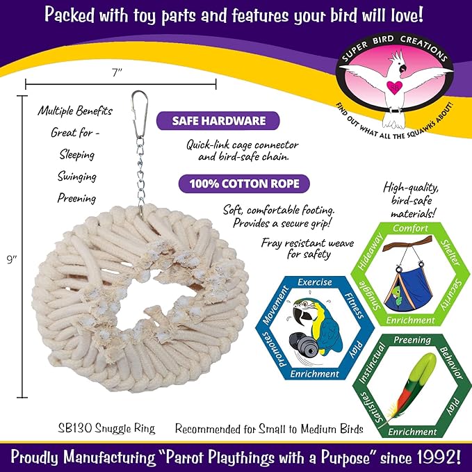 Super Bird Creations SB130 Snuggle Ring Bird Toy - Comforting Cotton Rope Hideaway - Durable Steel Ring, Safe Cage Attachment - Ideal for Cockatiels, Parrots - Small/Medium Birds - 9" x 7" x 3"