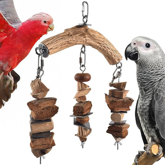 DBNESS Bird Parrot Toys, Hanging Medium Large Birds Wooden Chew Blocks with Stainless Steel Natural Chewing Cage Bite Toy for Macaws African Greys Cokatoos Amazon Parrots Similar Sized Pet Parrots