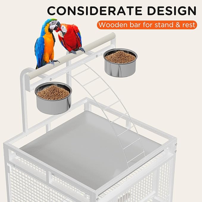 60 Inch Wrought Iron Large Bird Cage with Rolling Stand, Metal Parrot Cage with Play Top & 4 Stainless Steel Bowls for African Grey Cockatiel Sun Parakeet Green Cheek Conure Lovebird Budgie, White