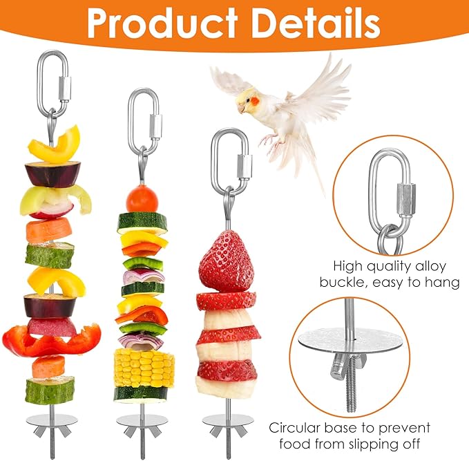 Parrot Fruit Vegetable Skewer, Bird Cage Food Holder, 3PCS Parrot Fruit Stick Feeder Stainless Steel Bird Cage Feeder Foraging Toy with Hook for Parakeet Budgie Macaw (5.98/7.87/9.84 Inch)
