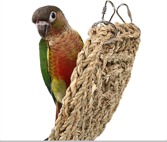 39.34 x 7.08 Inch Large Seagrass Mat for Birds with 5 Hooks, Bird Cage Accessories, Natural Grass Woven Bird Net Hammock Mat, Climbing Rope Ladder Chew Toys