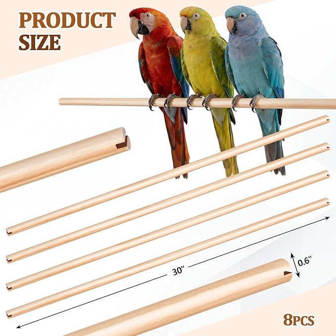 Sintuff 8 Pcs Bird Perches for Cage Accessories, Wooden Perch Rods Replacement with Double Head Slots, 0.6 Inch Diameter Natural Wood Stand for Parrot Macaw Cockatoo Parakeet (30 Inches)