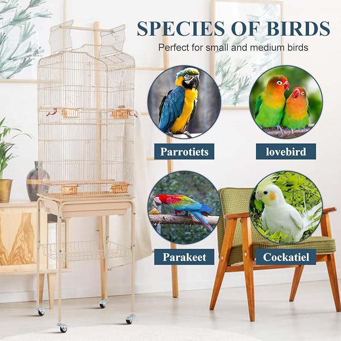 Bird Cages for Parakeets Cockatiels Lovebirds Macaw Conure, Large 64 Inch Open Top Parakeet Cage with Stand & Storage Shelf, White Wrought Iron Flight, Almond