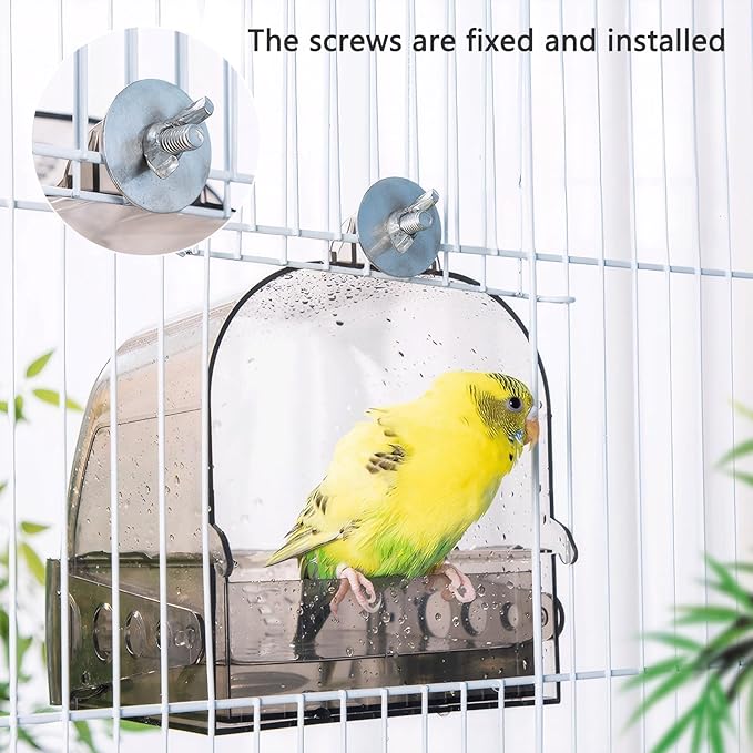 Bird Bath for Cage with Pull-Out Drawer, Clear Acrylic Parakeet Bath Box for Inside Cage Use, No-Mess Enclosed Tub for Budgie, Canary, Lovebird, Finch, 6.1 x 5.1 x 6 Inches (Transparent)
