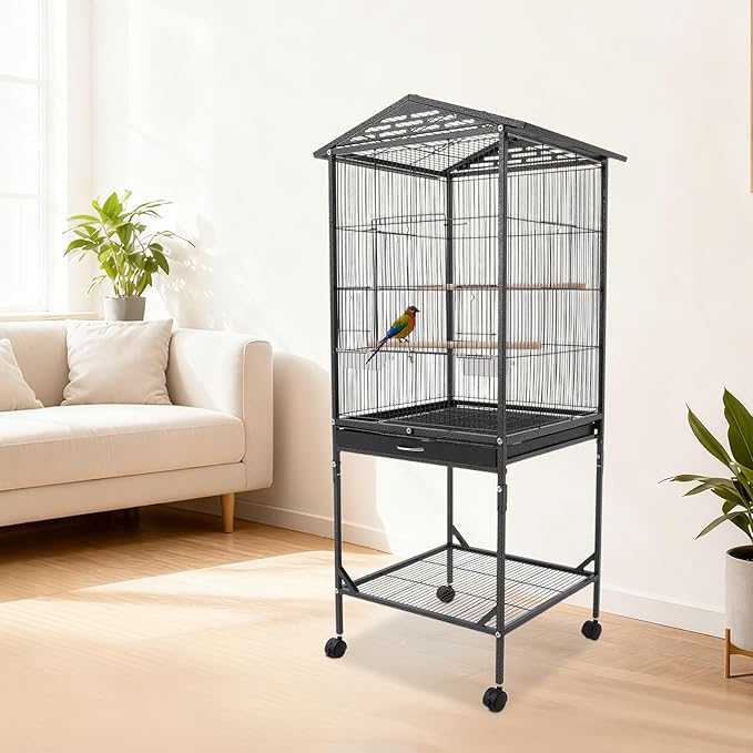 Extra Large Bird Cage 54Inch Wrought Iron Bird Cage with Rolling Stand Metal Parrot Cage with Open Play Top Perch Stand for Conures Lovebirds Cockatiels Finches (Black)