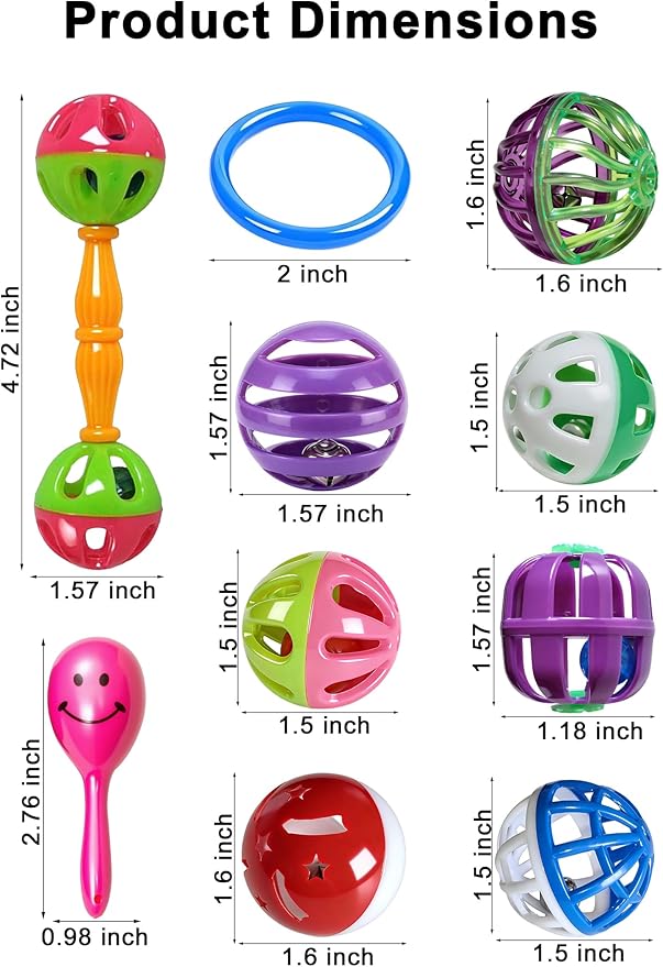 12 Pack Bird Toys Safe PP Plastic Foot Toys Rattle Balls for Parrots Lovebirds Conures Finches