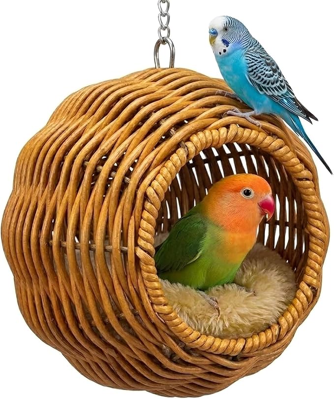Rattan Bird Nest Chewproof Steel Frame Parakeet Nesting House for Cage, Small Bird Hammock Parrot Sleeping Bed with Soft Mat for Cockatiels Budgerigars Finches Canaries