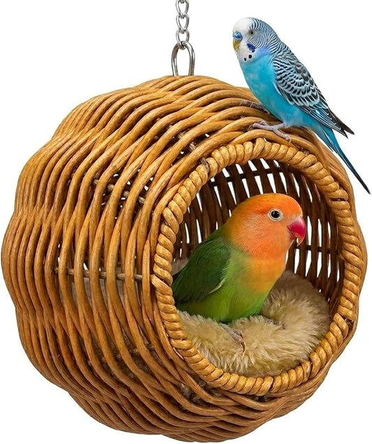 Rattan Bird Nest Chewproof Steel Frame Parakeet Nesting House for Cage, Small Bird Hammock Parrot Sleeping Bed with Soft Mat for Cockatiels Budgerigars Finches Canaries