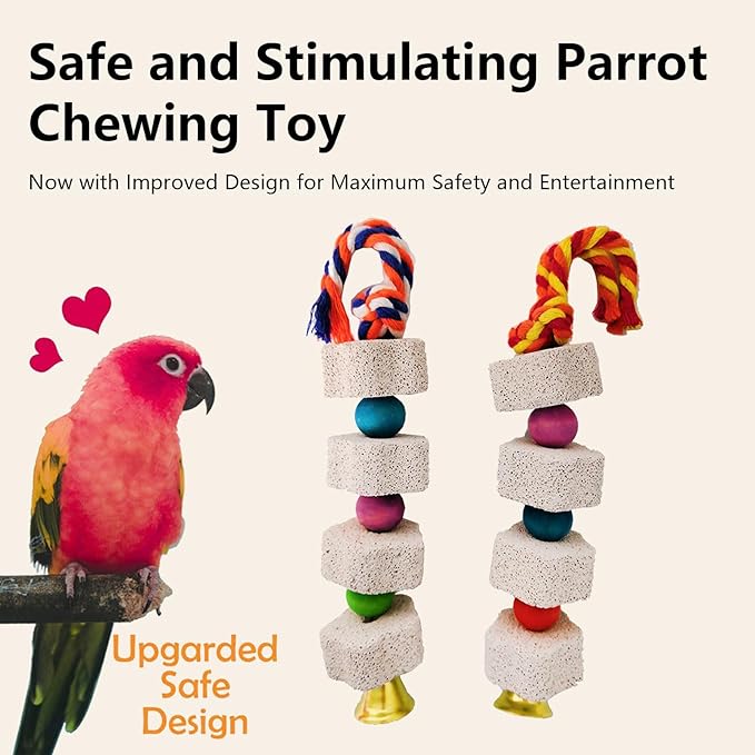 Bird Beak Grinding Stone with Bell Lava Block Calcium Supplement Food Parrot Chewing Toy for African Greys Parakeets Cockatiels Hamster Chinchilla Beak Trimming Mineral Chew for Bird Cage