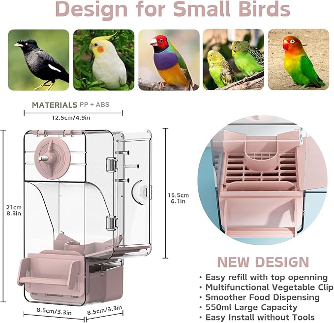Automatic Bird Feeder, No Mess Bird Cage Feeder with Perch Multi-Functional Holder for Fruits Vegetables for Parakeet Canary Cockatiel Finch (Pink)