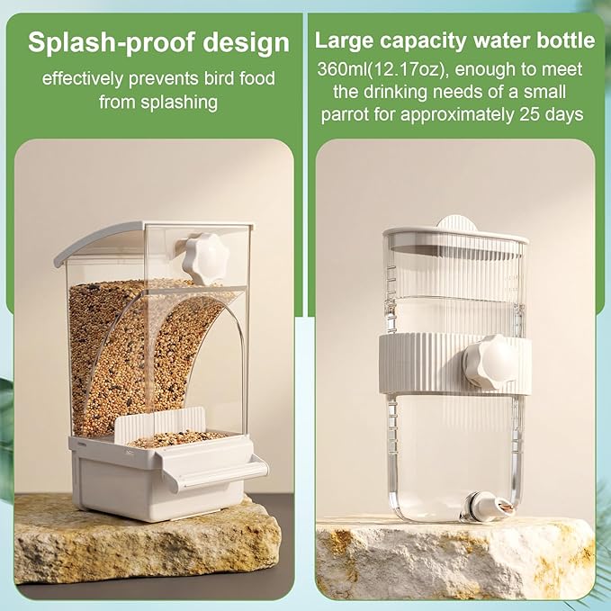Novabright No Mess Bird Feeder Water Dispenser Set, Automatic Transparent Bird Food Container and 12 oz Automatic Water Feeder for Small Birds Parrot, Cockatoo, Canary, Cage, Lovebird, Budgies(White)