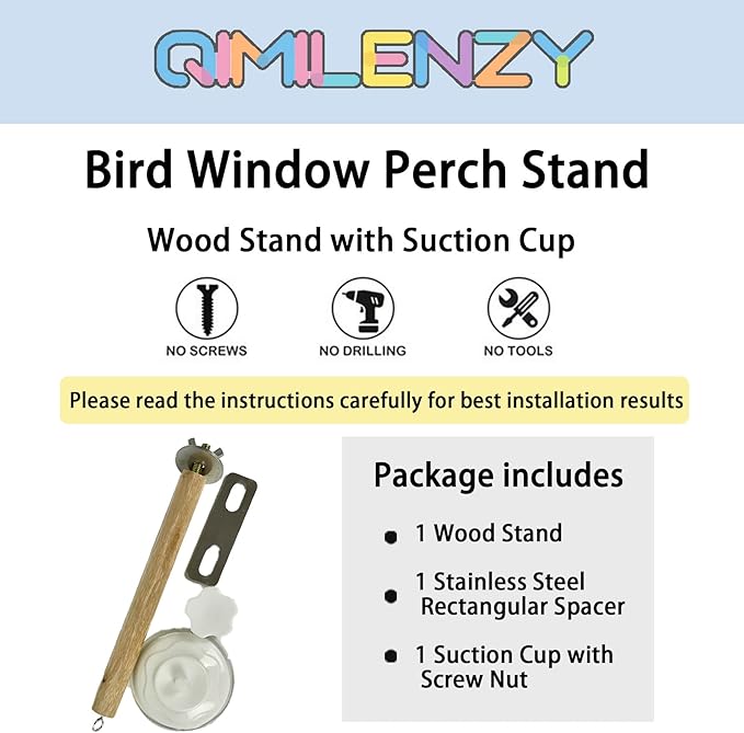 Bird Window/Bath/Car/Travel Perch Stand with Suction Cup for Small and Medium Bird Parrot Parakeet Cockatiel Conure Budgie Lovebirds (Simple Wood Perch)