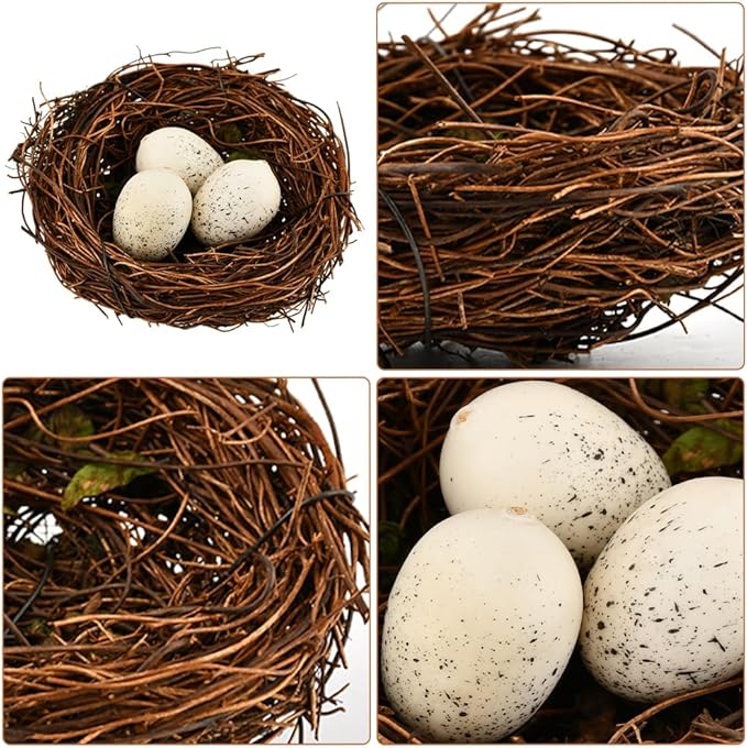 Bird Nest Decor for Crafts, 24-Piece Set with 8 Rattan Nests (2.36/3.15 in Dia) and 16 Faux Eggs (About 1.18 in L), Brown Tan for Wreaths Centerpieces Shelves