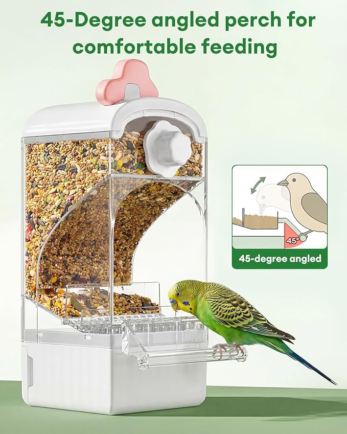 Bucatstate Automatic Bird Feeder for Cage, No Mess Self Cleaning, Large Capacity with Waste Drawer, No Installation Required, Parakeet Feeder for Parrots Budgies Cockatiels Canaries (Pink White)