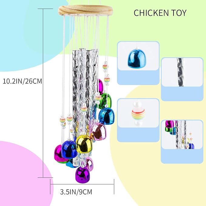 Chicken Toys for Coop, Chicken Wind Chime Enrichment Toys, Hanging Chick Peck Toy with 4 Aluminum Tubes 11 Bells, Chick Musical Coop Accessories