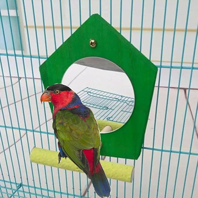 Bird Parrot Mirror Toy with Perch Parrot Parakeet Budgies Cockatiel Conure Finch Lovebird African Grey Macaw Amazon Cockatoo Birdcage Wood Stand Hanging Cage Accessories (Color Random)