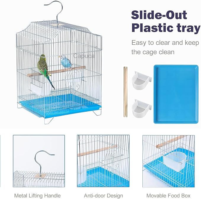 Small Bird Travel Cage - Lightweight Starter Kit for Parakeets, Lovebirds, Parrotlets Finches Canaries Removable Tray & Accessories Included