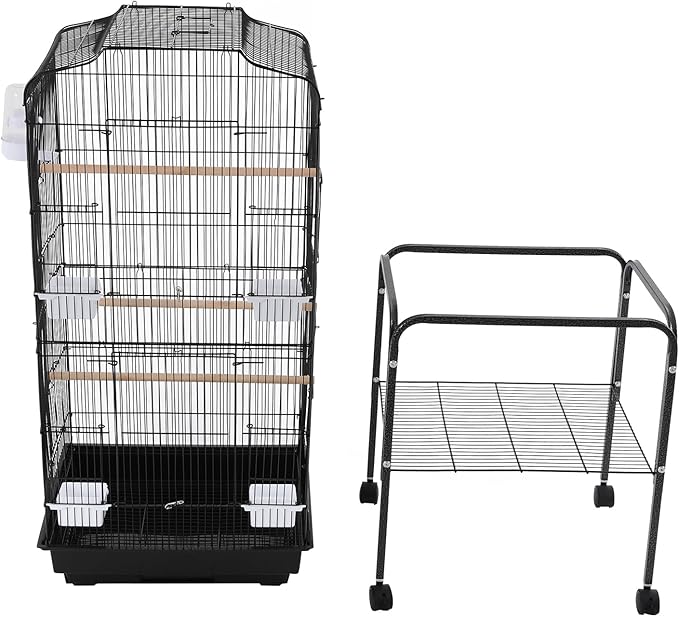 54 inch Metal Bird Cage,Large Parakeet Cages for Parrot,Cockatiel, Lovebird,Birdcage with Wheels,Roof Top,Storage Shelf (Black)