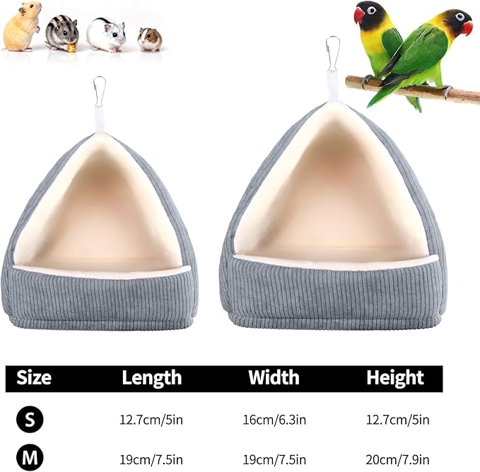 Small Winter Warm Bird Bed for Cage with Soft Plush Hanging Hammock & Hut Tent, Hideaway Sleeping Nest for Budgies, Cockatiels, Small Animals, and Guinea Pig Hideouts (Grey, S)