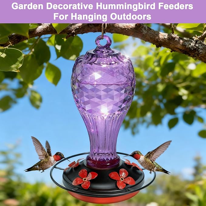 20 oz Hand-Blown Glass Hummingbird Feeder, Hanging Hot Air Balloon Design, Leak-Proof Silicone Seal, Ant-Proof, Outdoor Garden Decor Gift for Mom, Purple