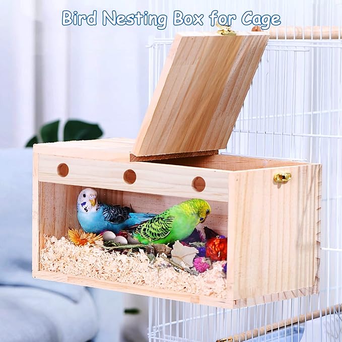 BNOSDM Parakeet Nesting Box Transparent Bird Nest Breeding Box with Perch Wood Bird House for Cage Cockatiel Budgie Lovebirds Conure Finch Parrot Small to Medium Birds (S)