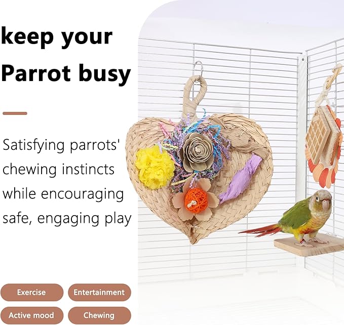 Parrot Chew Toys Set - Natural Wood & Loofah Toys with Plant-Based Dyes, 3 Pack Bird Chew Toys for Cockatiels, Conures & Small Parrots for Cage Enrichment (3 Pieces ofcolor Series)