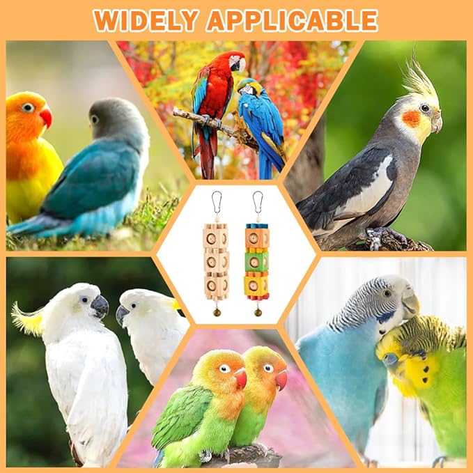 2Pcs Bird Chew Toys for Beak Grinding, Hanging Rotating Wood Block with Bell, Birds Cage Chewing Playing Training Toy for Cockatoos, Macaws, African Grey, Conures, Lovebirds(Wood)