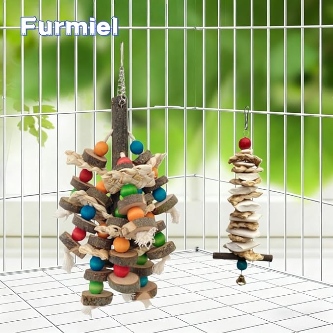 Bird Parrot Toys for Cage, 2 Pack Chew Toys with Apple Wood Slices, Cuttlebone & Colorful Blocks for Parakeets,Cockatoos, Conures, Cockatiels (Apple Wood Chips + Cuttlefish Bone)