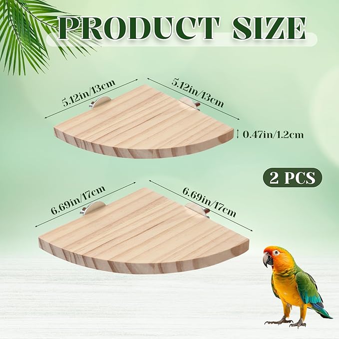 2 Pack Bird Platform Wood Flat Perches for Bird Cages Fan Shape Birds Cage Platform with Stainless Steel Washers for Birds Cages Corner Shelf Parrots Hamster Gerbil(5.1inch, 6.7inch)