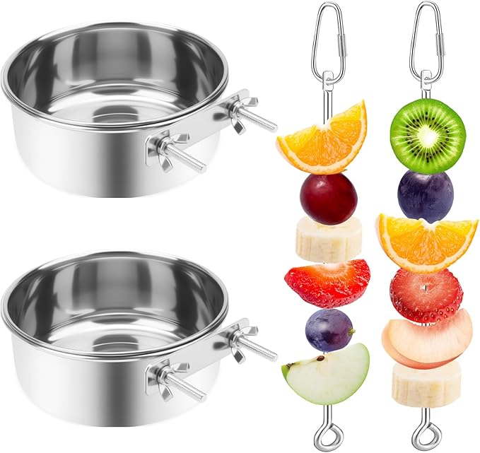 2 Pcs Bird Feeder Bowls with 2 Pcs Food Holder for Cage, Parrot Food Water Bowls and Fruit Skewer Foraging Toy, Stainless Steel Bird Feeding Dish Cups for Small Animals (Silvery, 4 Pcs)