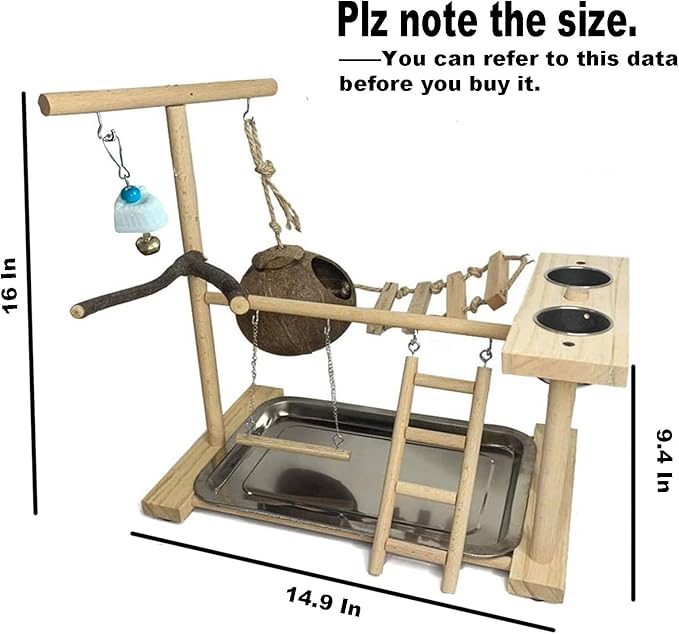 Parrots Playground Bird Play Stand Natural Wood Parrot Perch Gym Playpen Parakeet Nest with Feeder Cups Ladders Lovebirds Cage Accessories Toy Exercise Activity Center for Conure Cockatiel Lovebirds