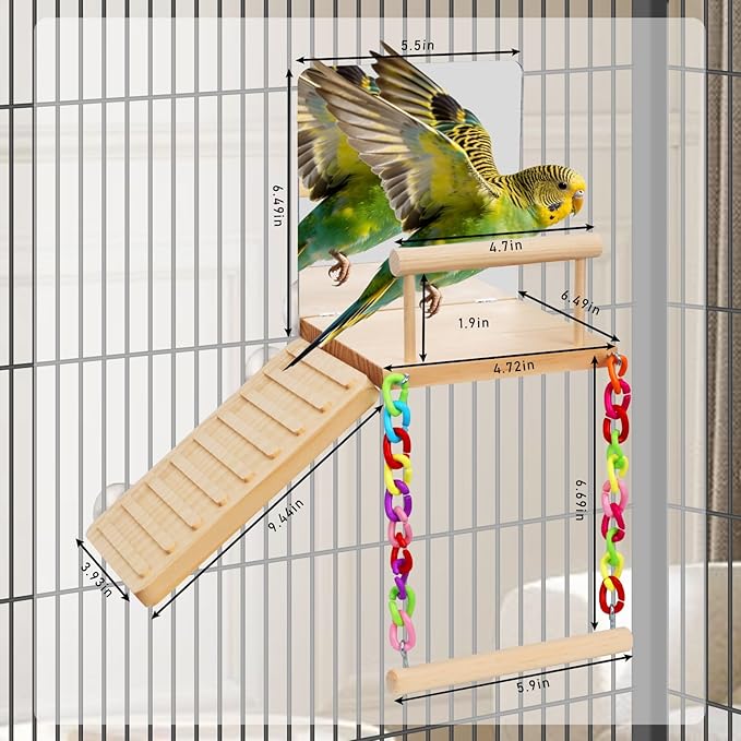 Bird Perches Platform Swing with Bird Mirror Climbing Ladder Birds Toys Cage Accessories for Cockatiels, Lovebirds, Pacific Parrotlets,Chinchilla, Hamster Play Gym Exercise Stand (with Mirror)