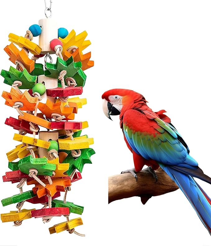 MQ Parrot Chewing Toy for Large and Small Parrots and Birds, Natural Wood Block Tearing Toy with Multicolored Maple Leaf Design, Beak Trimming Toy for African Grey Cockatoos and Amazon Parrots.