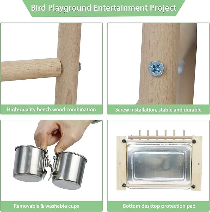 Parrot Playstand Bird Playground Birdcage Wood Perch Stand Ladder Swing with with Feeder Cups Birds Play Gym Cockatiel Playground Include Hanging Bell Swing Ladders
